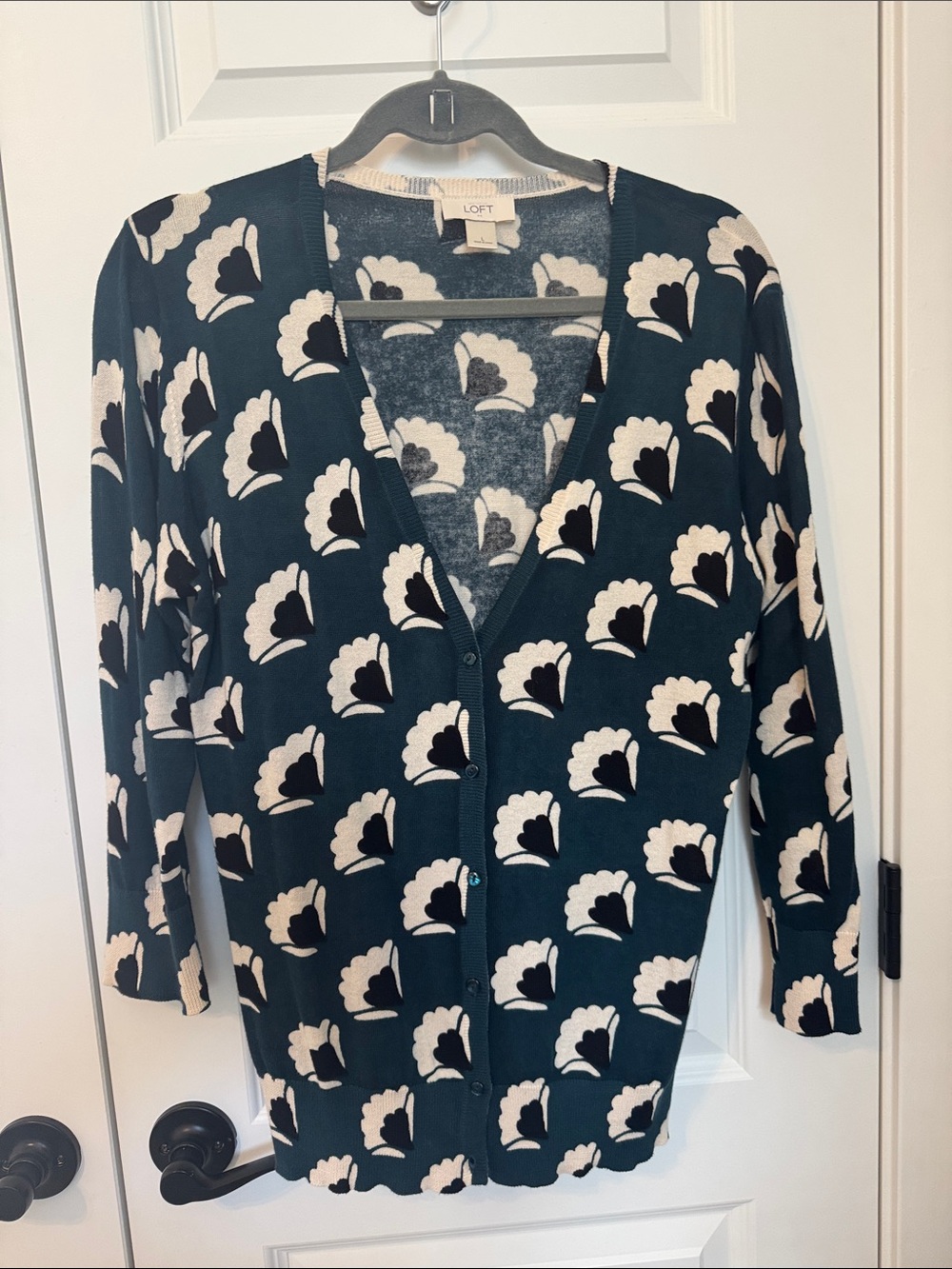 LOFT Teal Floral-Print Button Cardigan - Picture 2 of 8